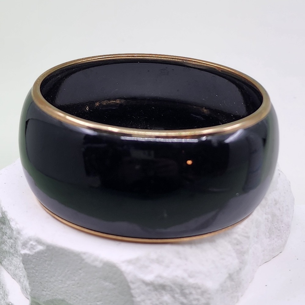 Vintage Black Gold Tone Wide Bangle Bracelet Glossy Chunky Statement Retro Cuff